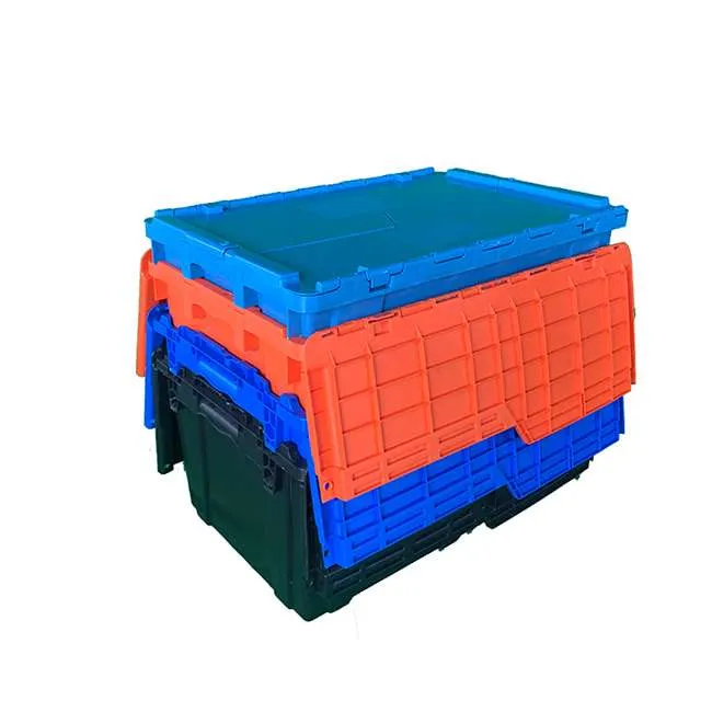 Four plastic moving crates with attached nested together.