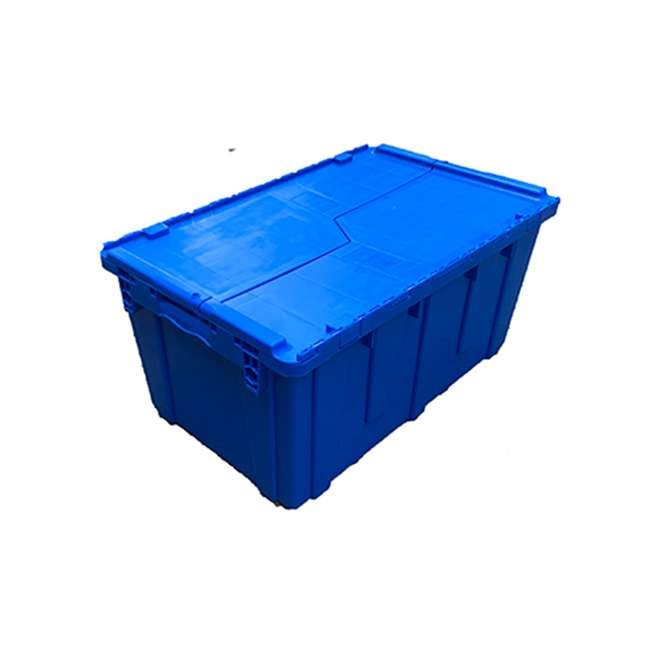 a blue 73L plastic moving crate with lid closed