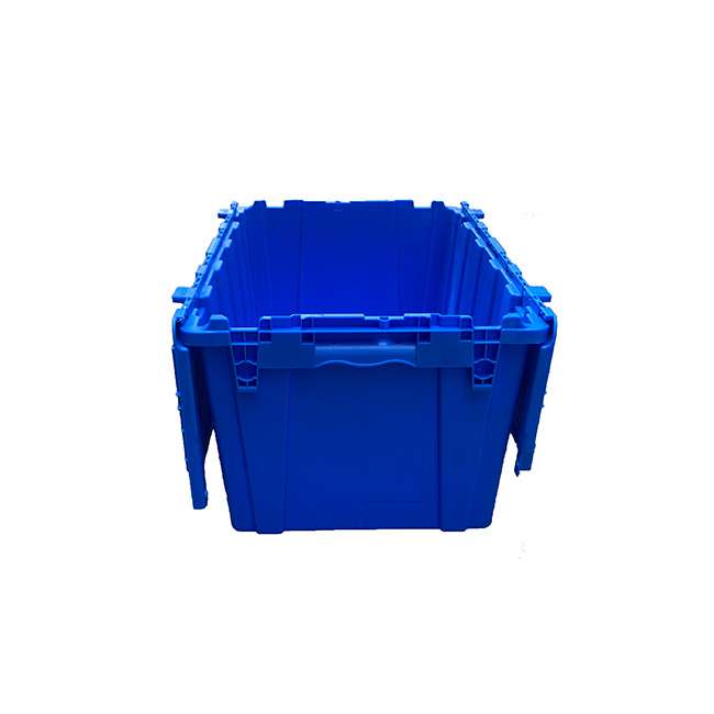 a blue attached lid plastic moving crate with lid open
