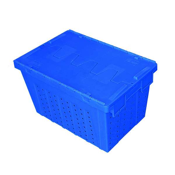 A blue mesh plastic container with attached lid.