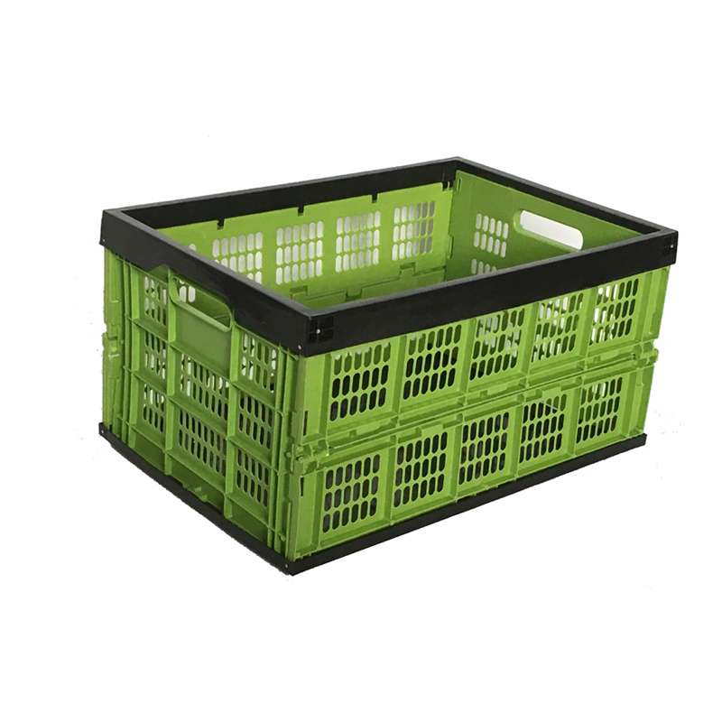 A ventilated plastic collapsible crate.