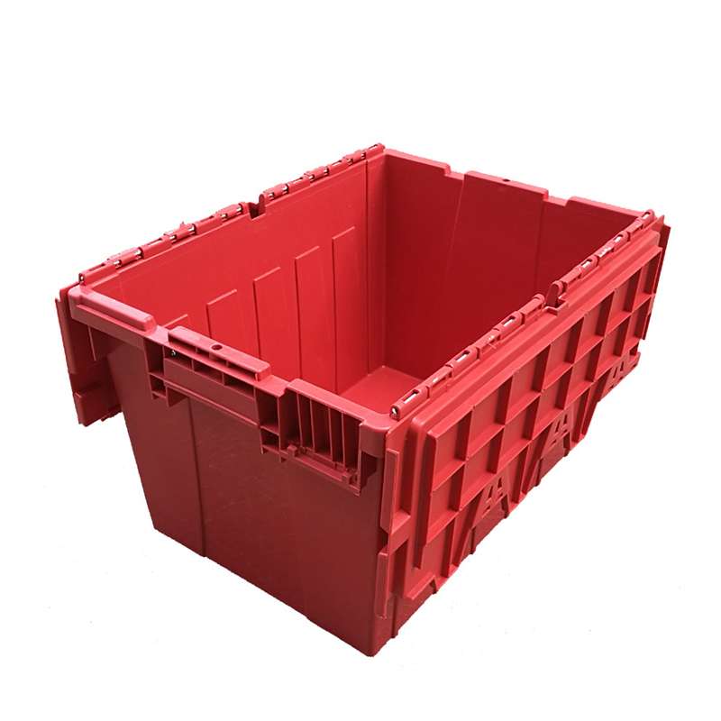 A red plastic moving box with lids open.