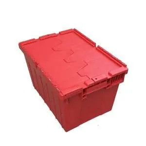 A red plastic moving box with lids open.