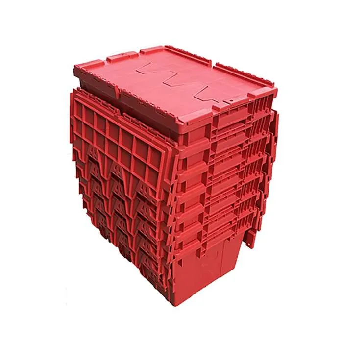 Some plastic moving boxes nested together.