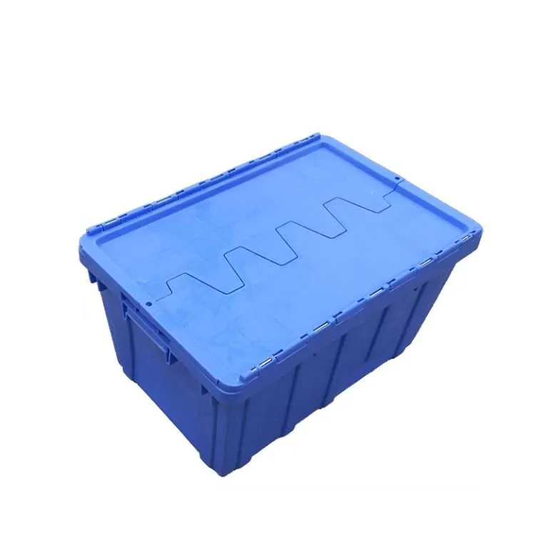 blue plastic moving box with lid closed