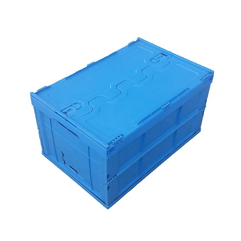 A blue plastic folding crate with lids closed.