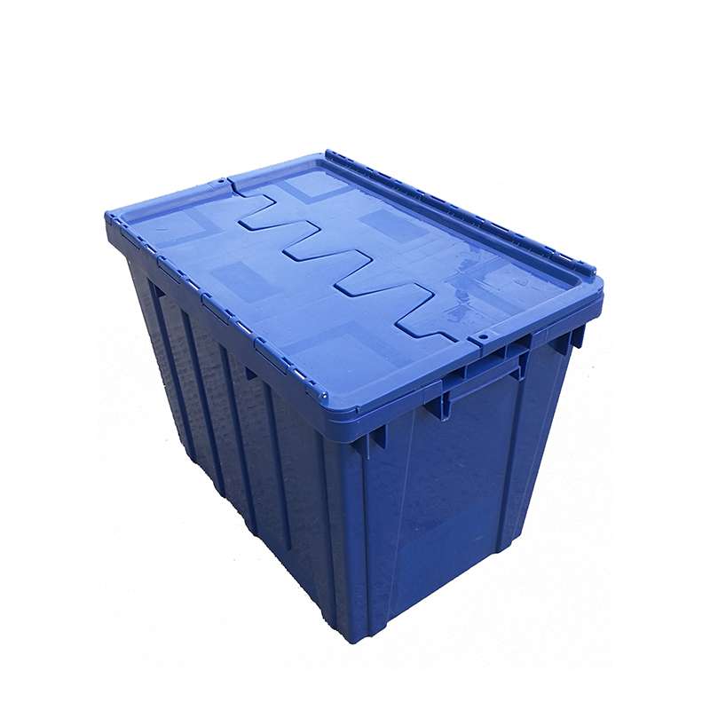 A Blue plastic moving container with lid closed.