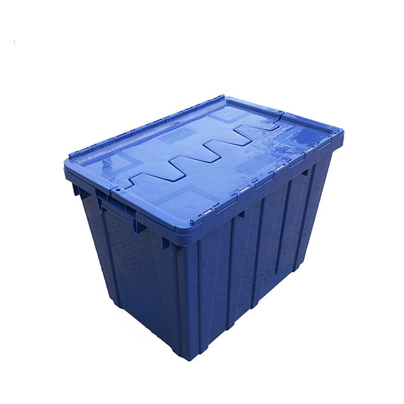 A Blue plastic moving container with lid closed.