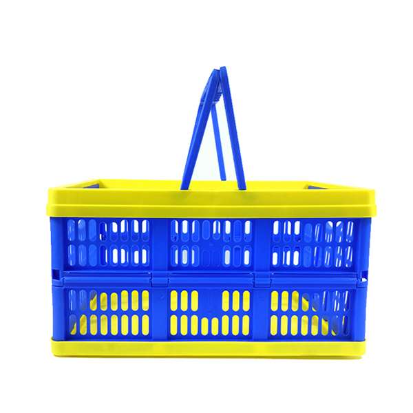 A foldable plastic basket with handles.