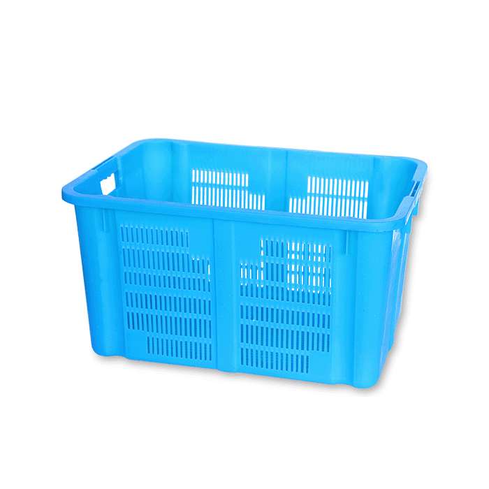 A nestable blue plastic crate for storage.