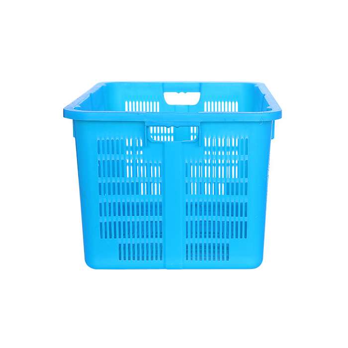 Short side of a nestable blue plastic crate.