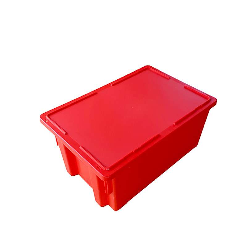 A nestable and stackable plastic box with lid.