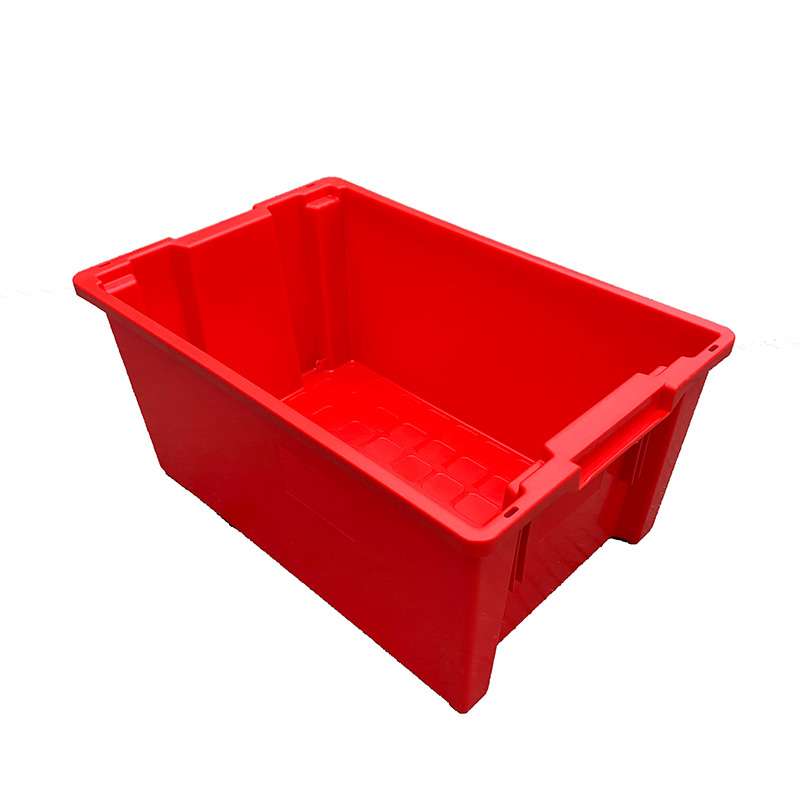 A red nestable and stackable plastic box.