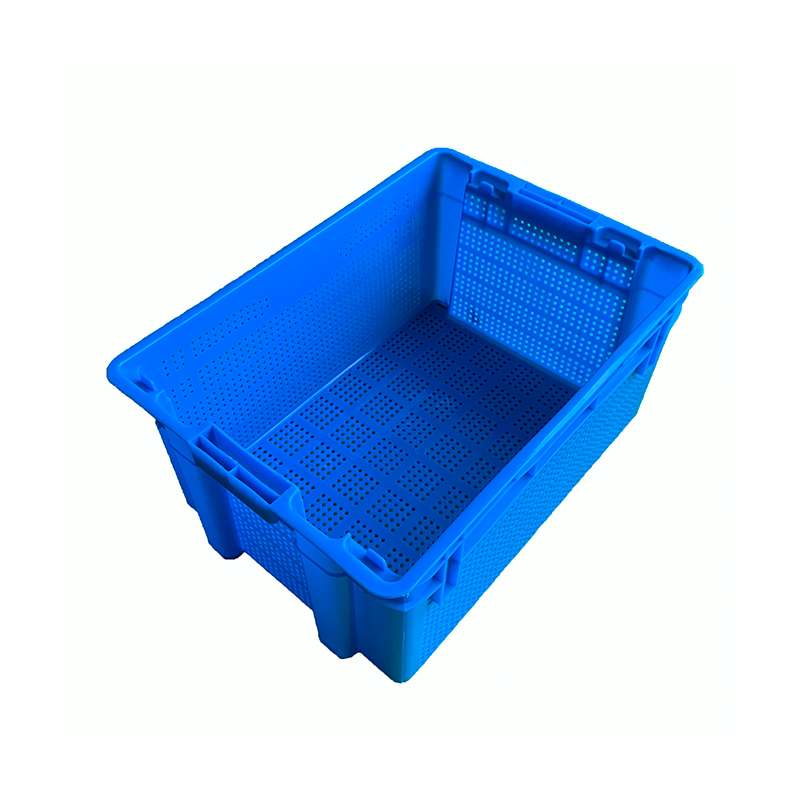A blue nestable and reversible plastic crate.