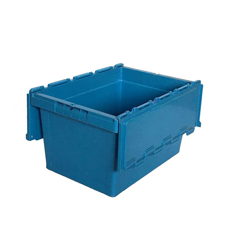A blue tote box with attached lid open.