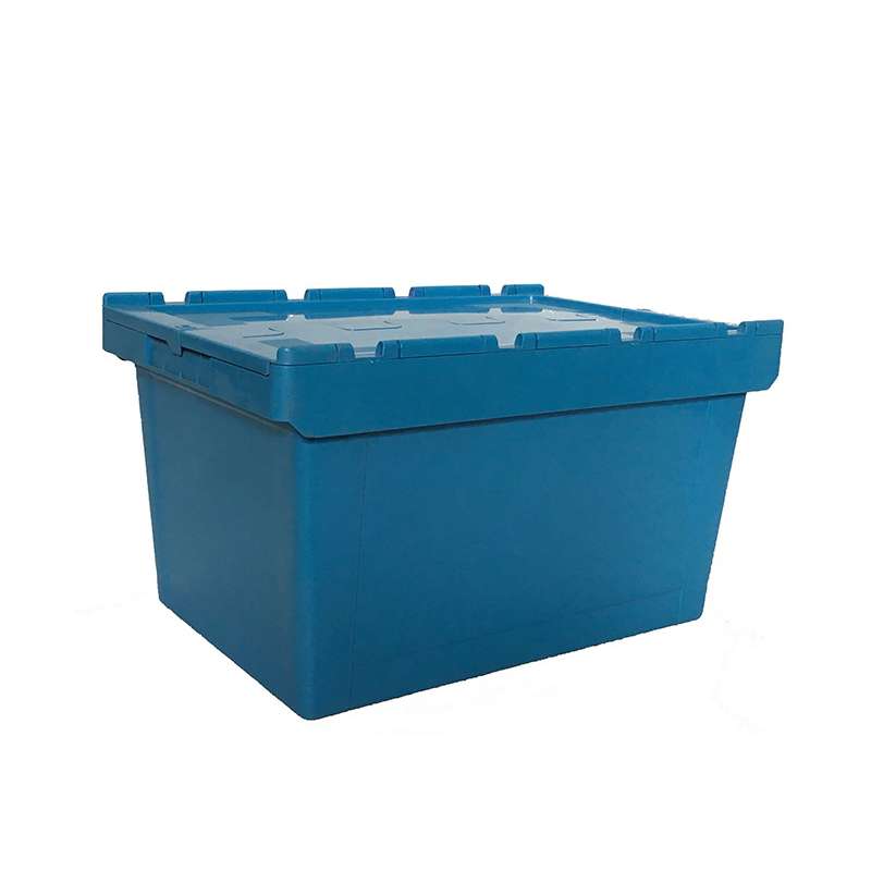 A blue tote box with attached lid closed.