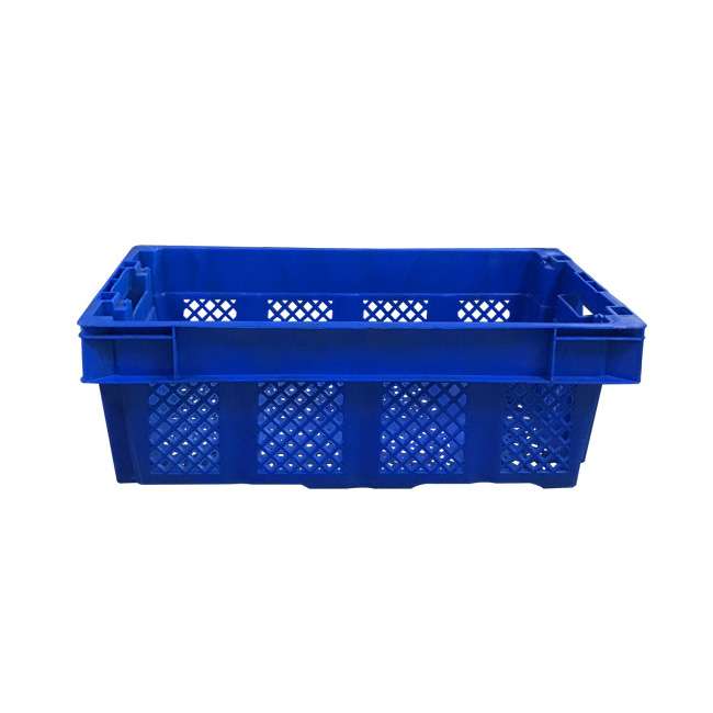 A blue plastic crate with mesh body.