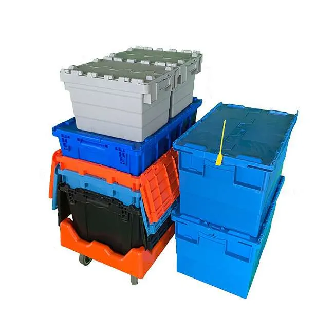 Different sizes of plastic moving boxes are stacked and nested.