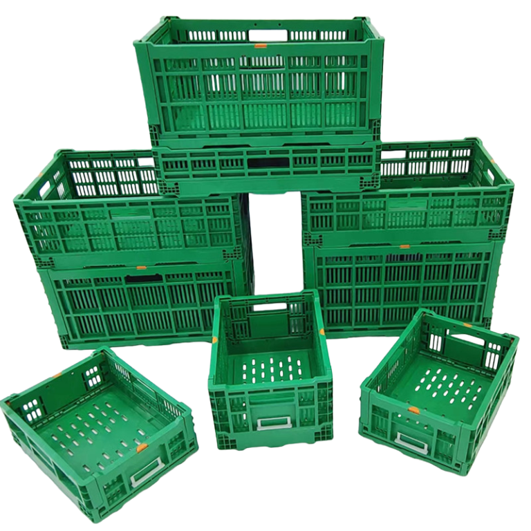 Green Plastic Collapsbile crates are stacked.