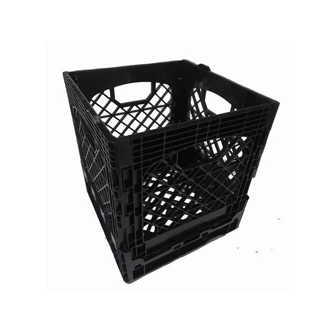 An open black plastic collapsible crate.