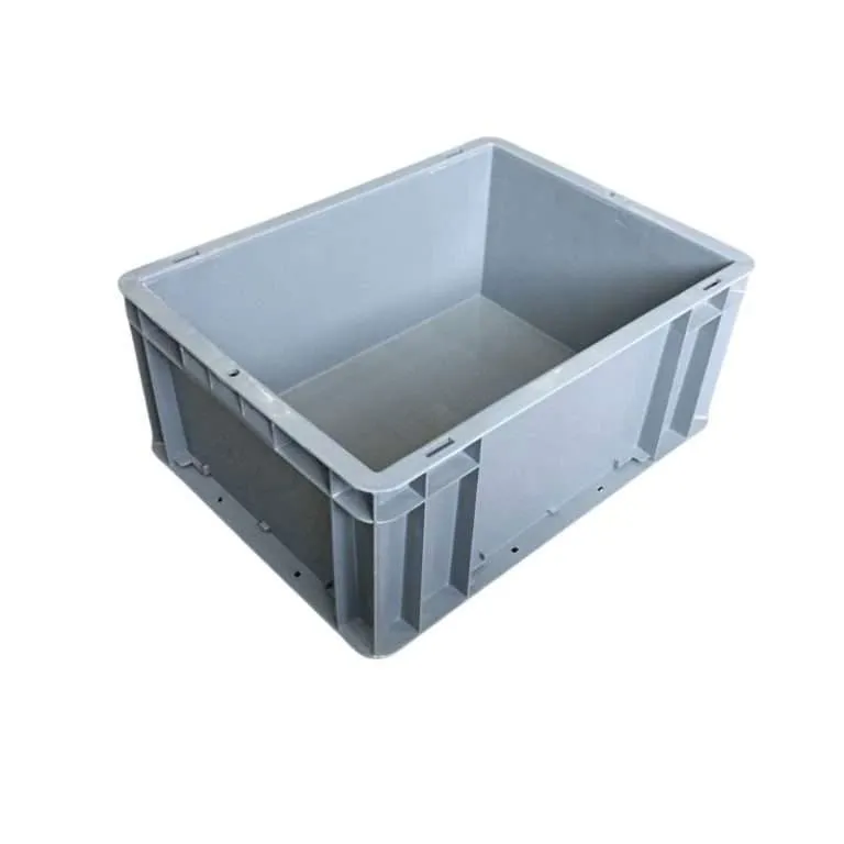 Uma caixa plástica tipo euro cinza com as dimensões 40 x 30 x 17 cm.
