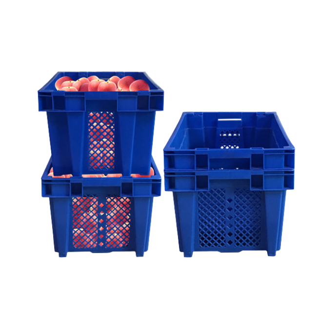 Two nested vegetable crates and two stacked vegetable crates.