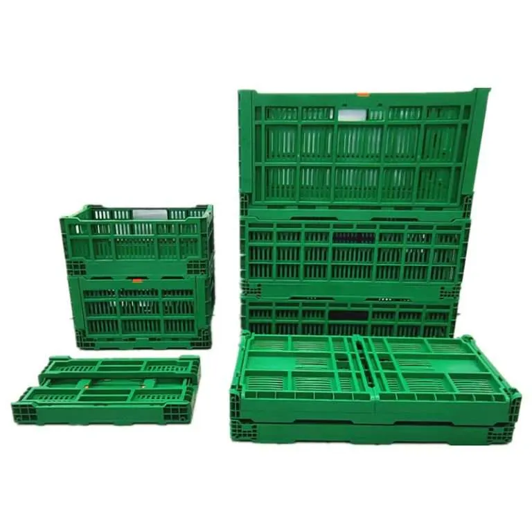 Display of green stacked collapsible crates.