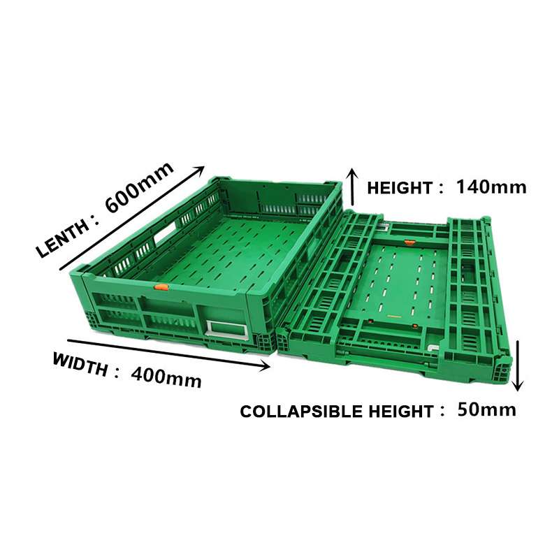 An unfolded green collapsible crate and a folded one.