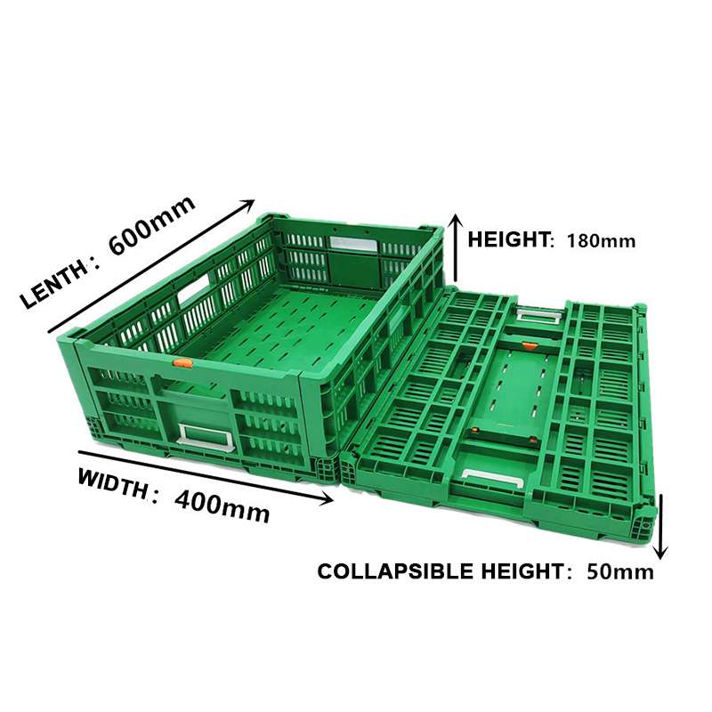 An unfolded green collapsible crate and a folded one.