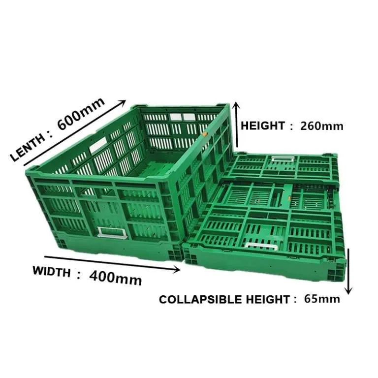 An unfolded green collapsible crate and a folded one.