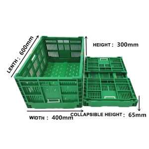 An unfolded green collapsible crate and a folded one.