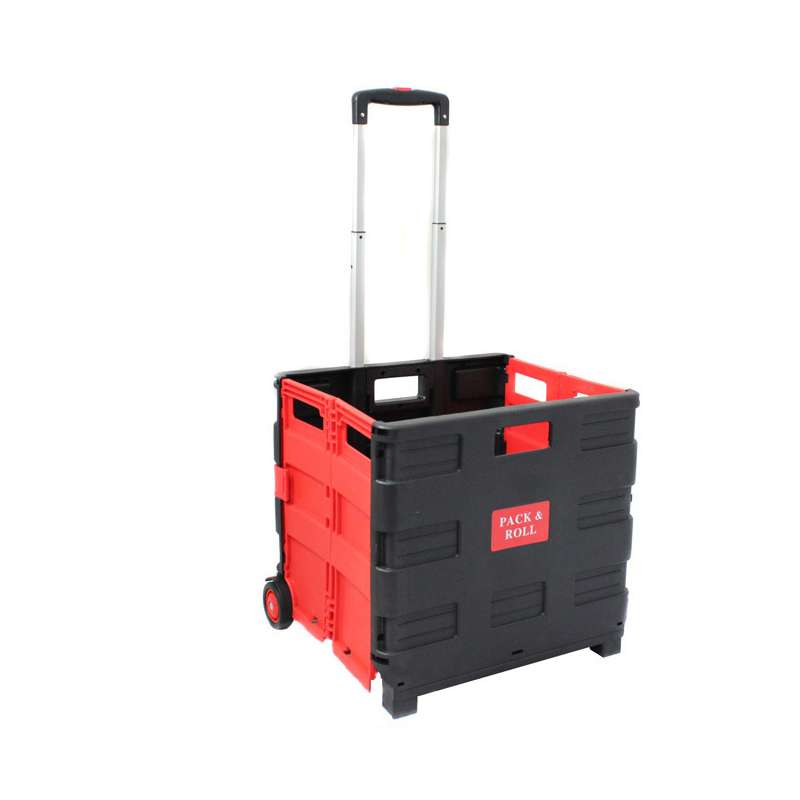 A black and red pack & roll cart with handle.