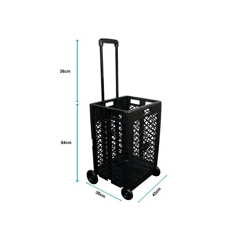 A black foldable crate on four wheels.