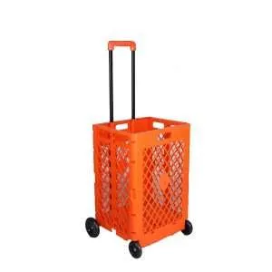 An orange foldable crate on four wheels.
