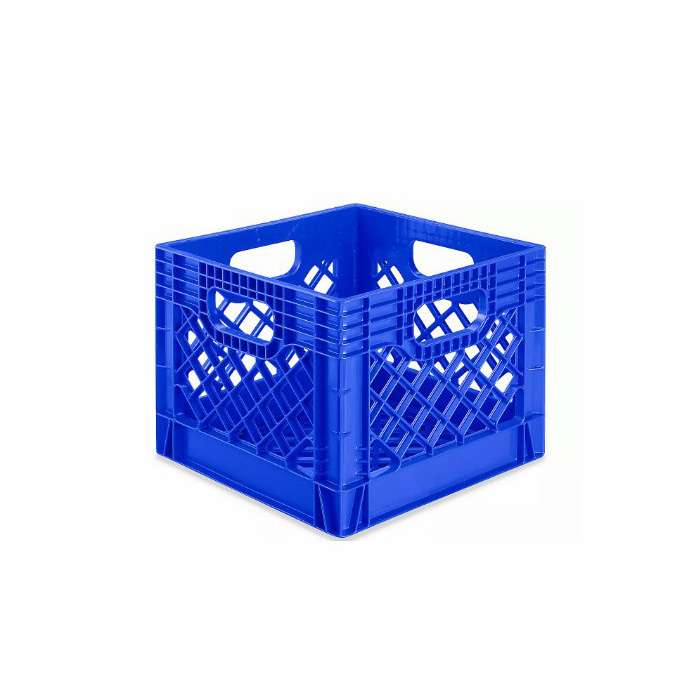 A blue square plastic milk crate.