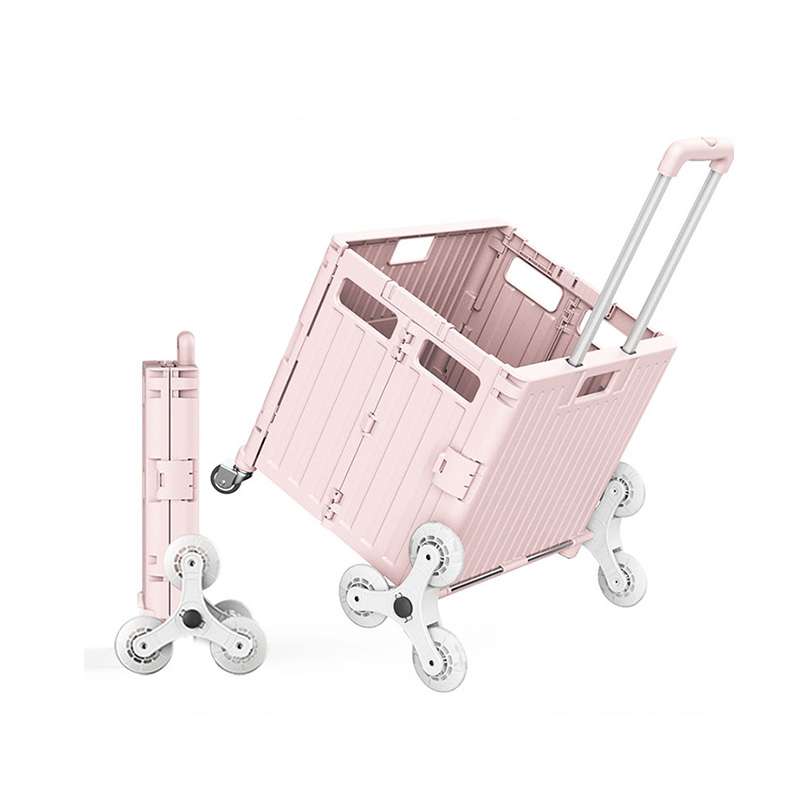 A folded pack & roll cart with 8 wheels and an unfolded one.