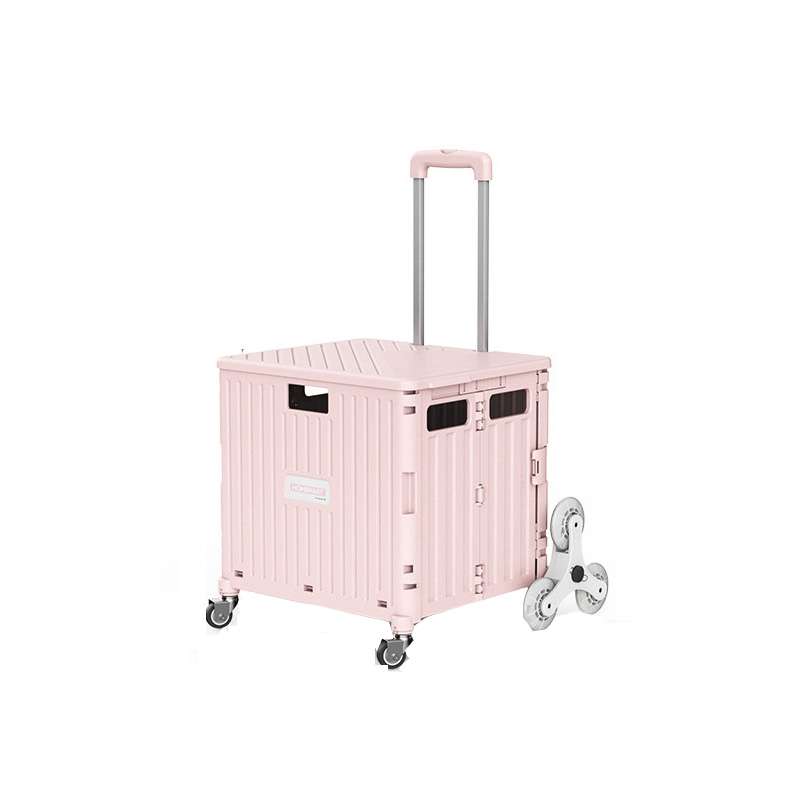 A pink pack & roll cart with 8 wheels