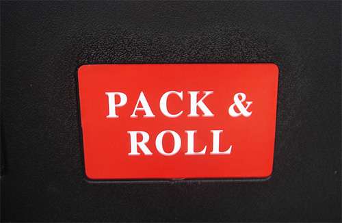 Logo sticker on the surface of a pack & roll cart.