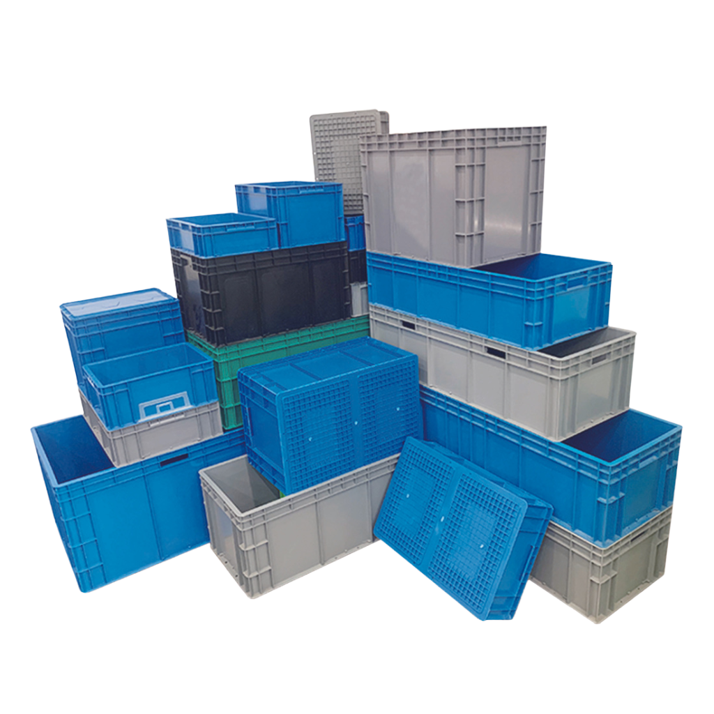 Many solid plastic crates stacked on each other.