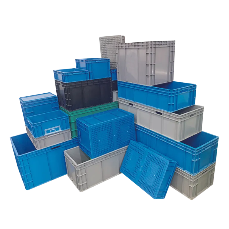 Many solid plastic crates stacked on each other.