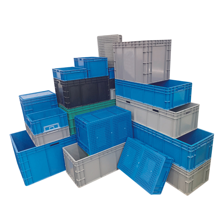 Many solid plastic crates stacked on each other.
