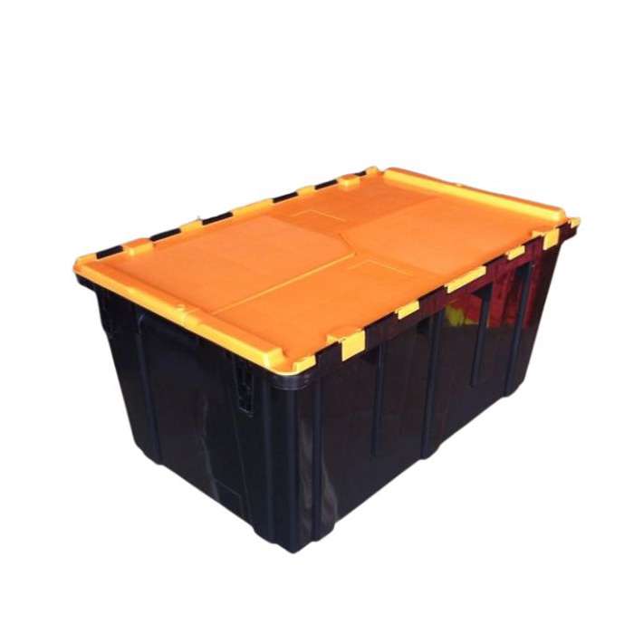 A black plastic moving box with orange lid.