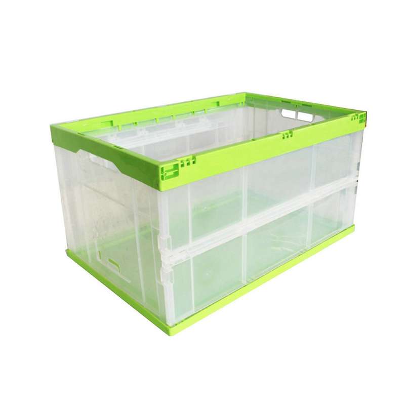 A transparent foldable solid plastic crate.