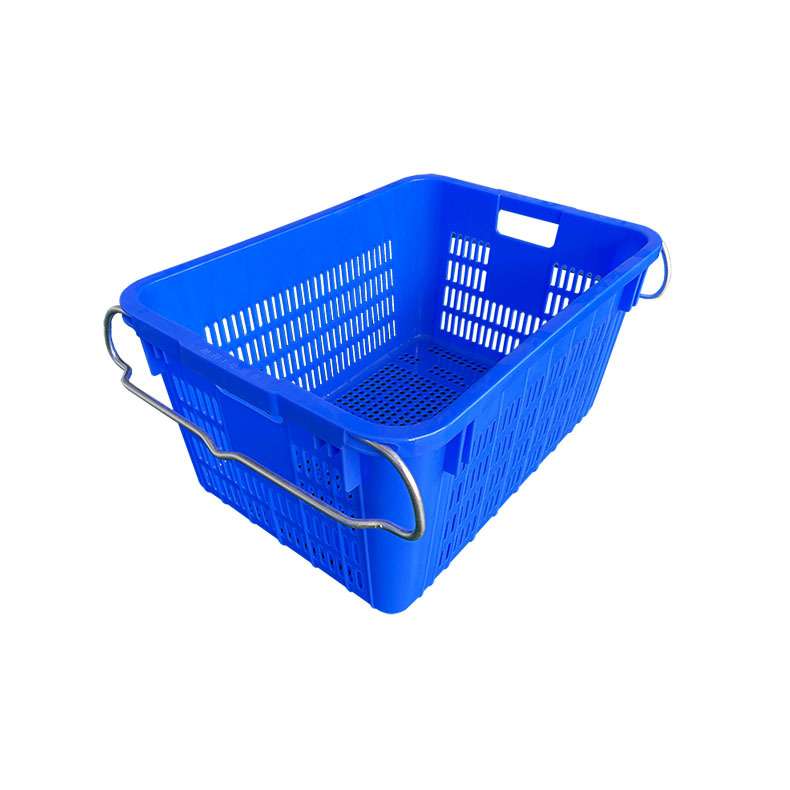 A blue plastic crate with two metal handles.