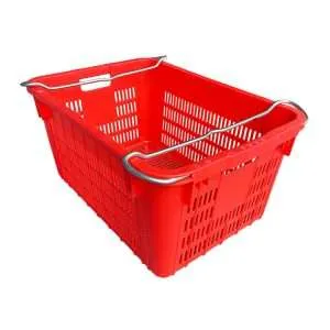 A red plastic crate with two metal handles.