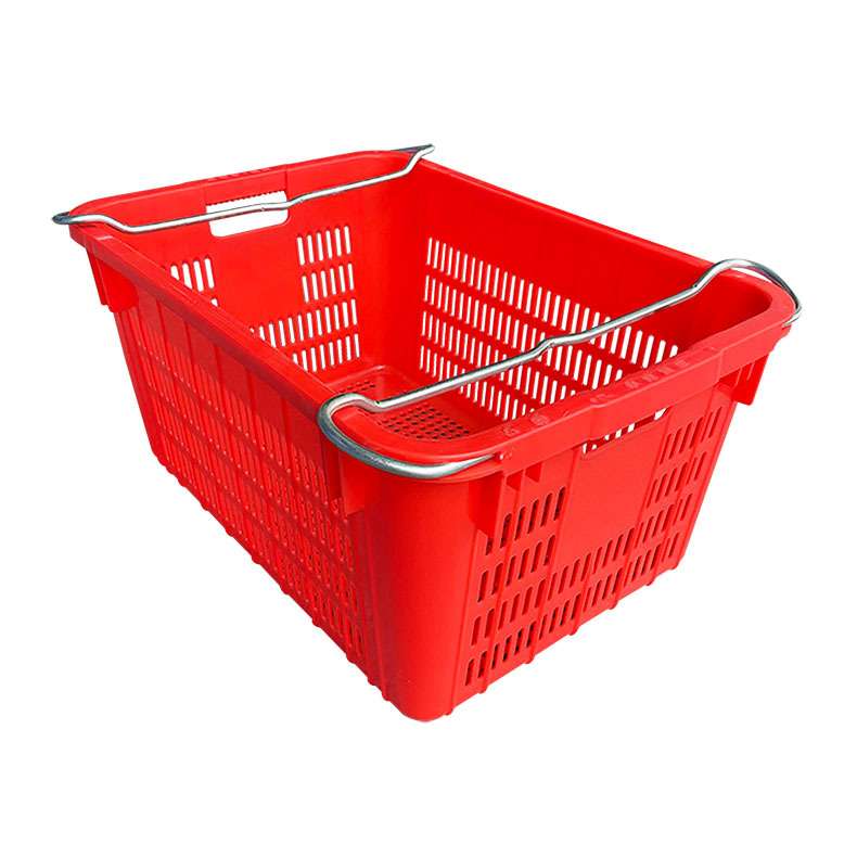 A red plastic crate with two metal handles.