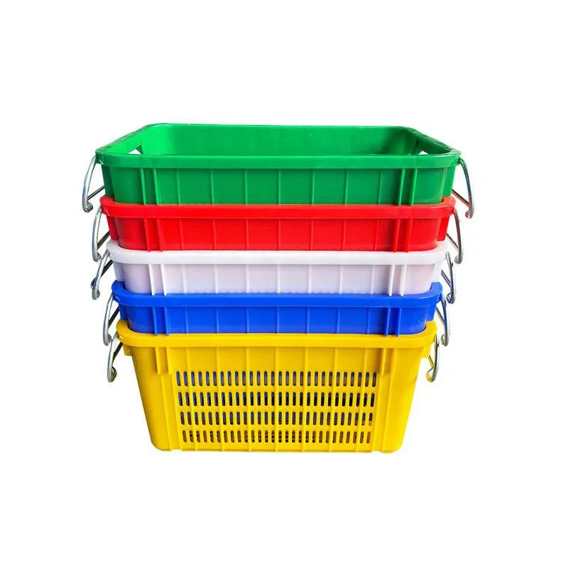 Five plastic crates with two metal handles nested into each other.