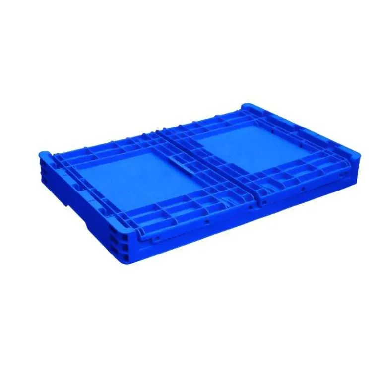Uma caixa dobrável de plástico azul.