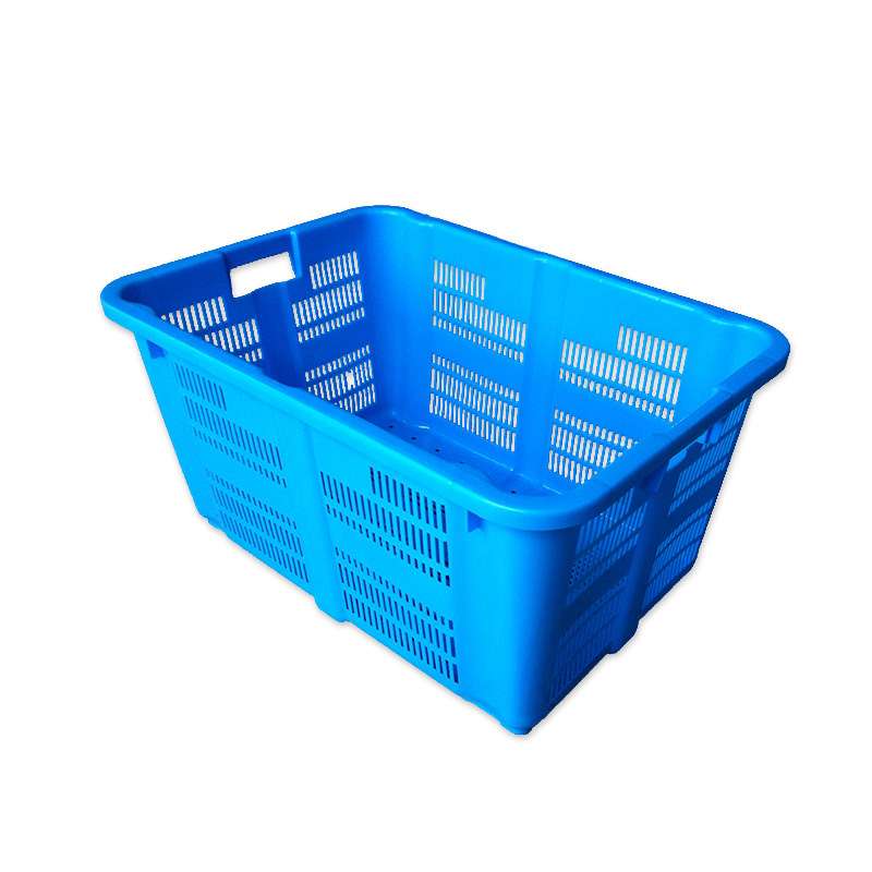 A blue plastic vegetable crate.