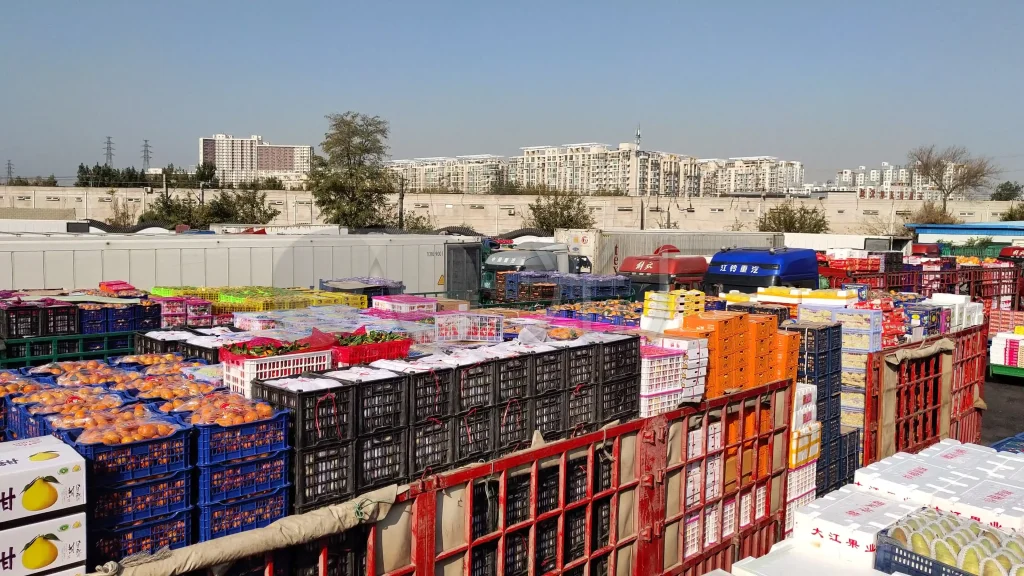 Plastic crates in fruit wholesale market.